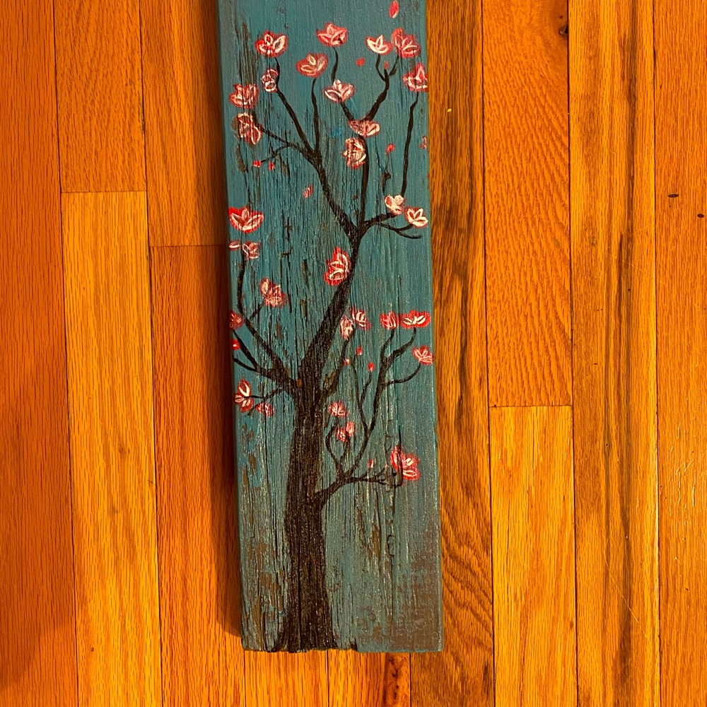 Hand painted Reclaimed Wood Slab with Cherry blossom tree in turquoise and pink